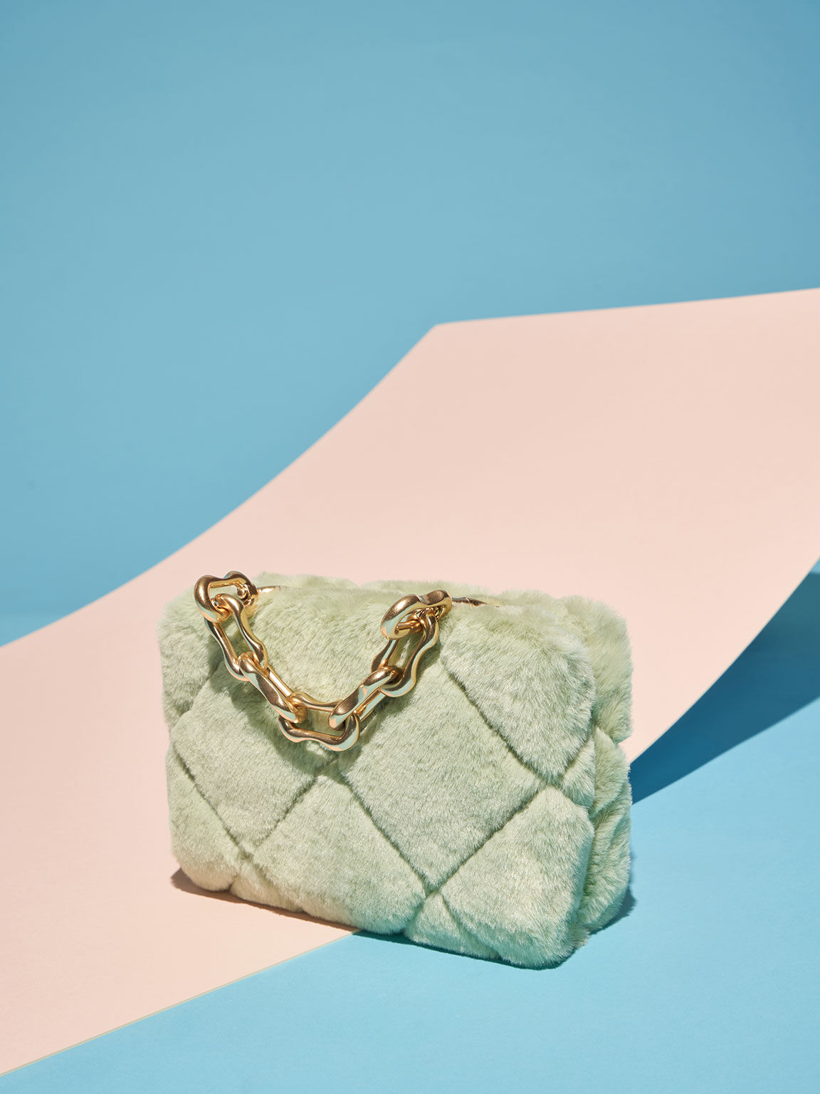 Gemma Chunky Chain Handle Furry Quilted Boxy Bag, Mint Green, hi-res