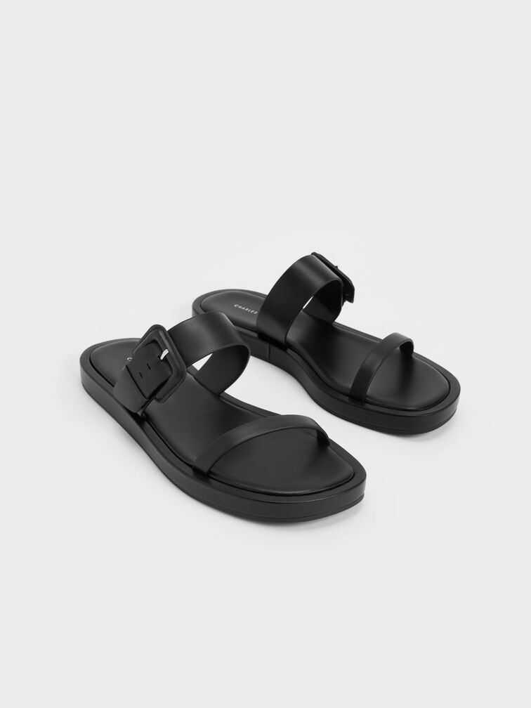 Buckled Strap Slides, Black, hi-res