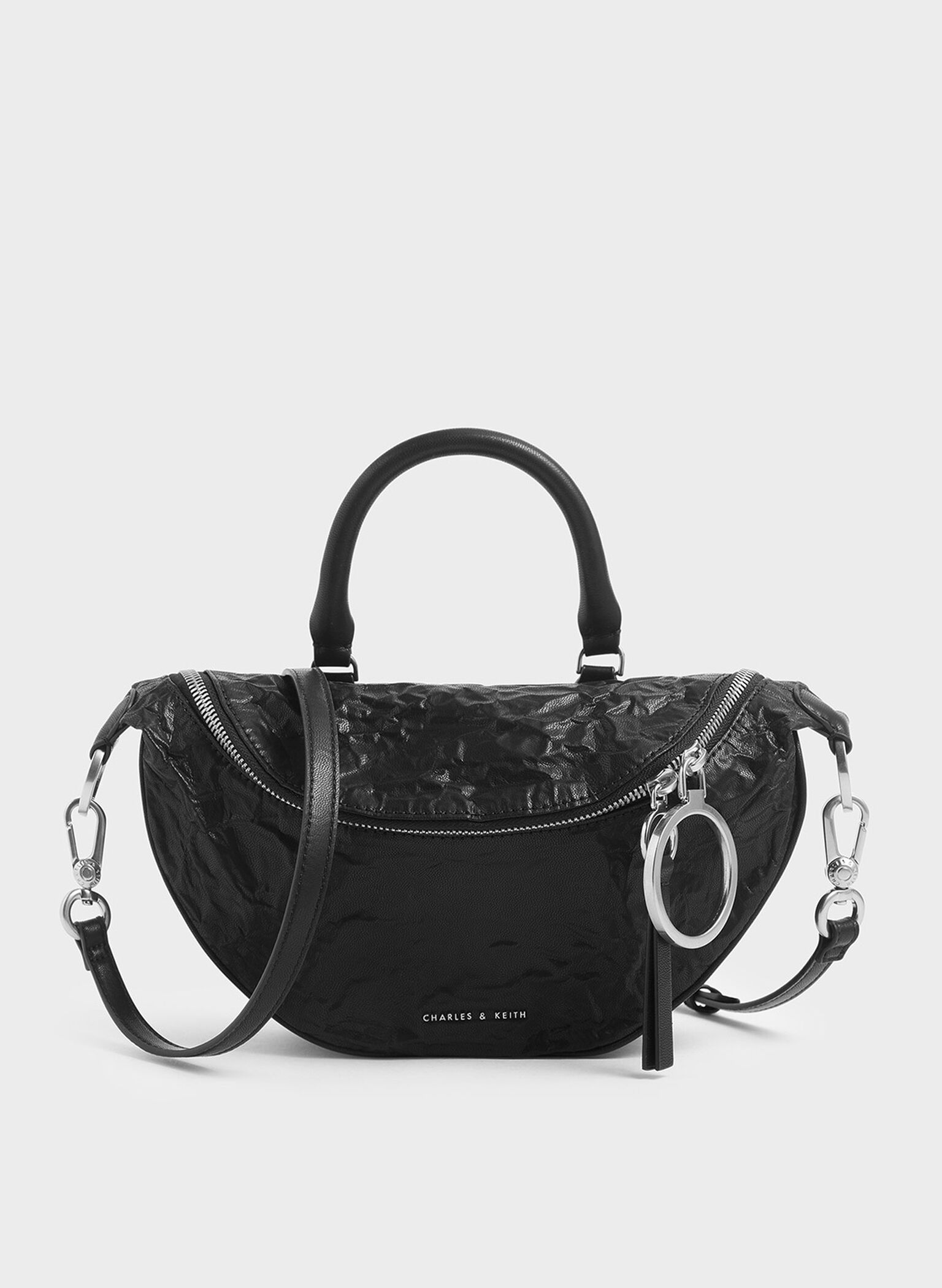 Bolso Bandolera Semicírculo Efecto Arrugado, Negro, hi-res