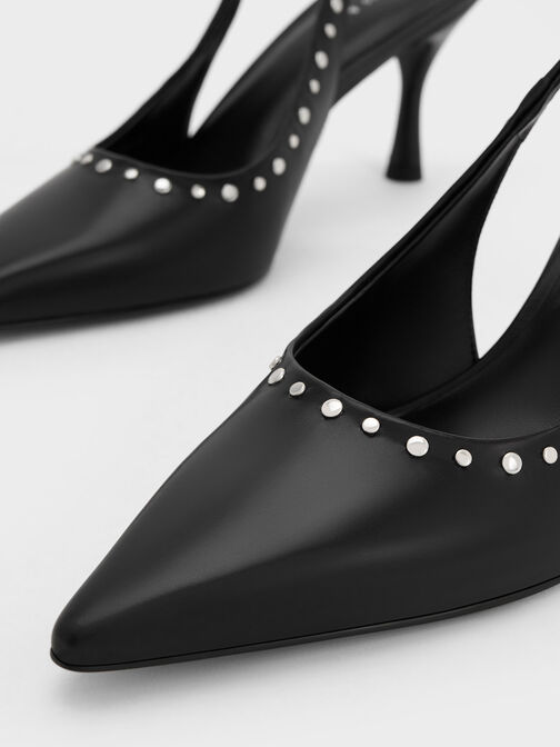 Studded Pointed-Toe Slingback Pumps, Black, hi-res