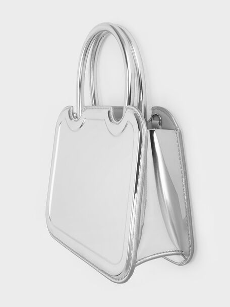 Perline Metallic Sculptural Top Handle Bag, Silver, hi-res