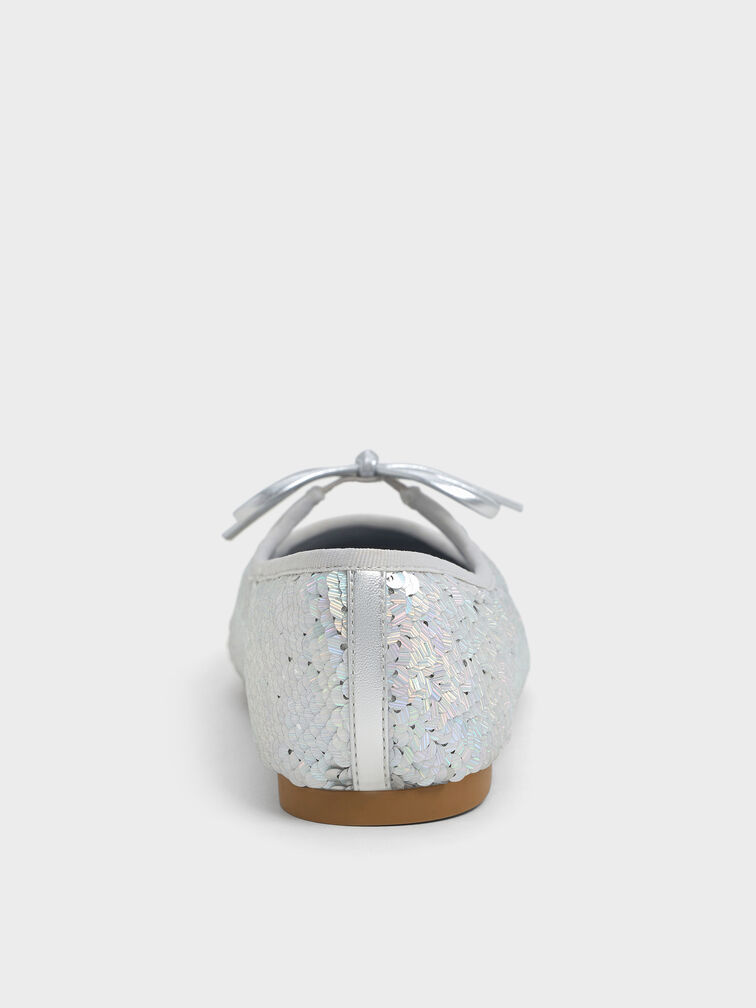 Girls' Sequin Metallic Bow Ballet Flats, Silver, hi-res
