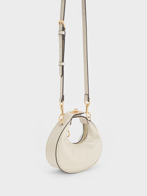 Mini Croc-Effect Moon Bag, Ivory, hi-res