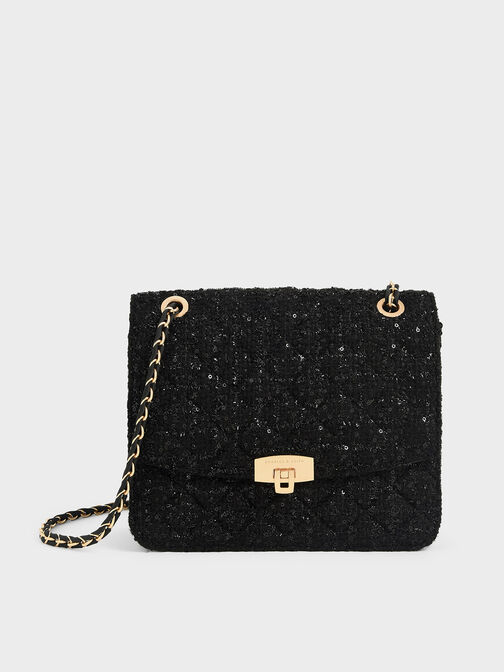 Tweed Chain Strap Bag, Black, hi-res