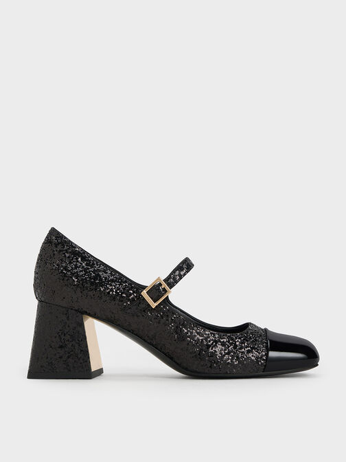 Patent Glittered Trapeze-Heel Mary Janes, Black Textured, hi-res