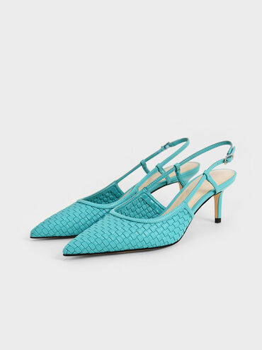 Woven Slingback Pumps, Turquoise, hi-res