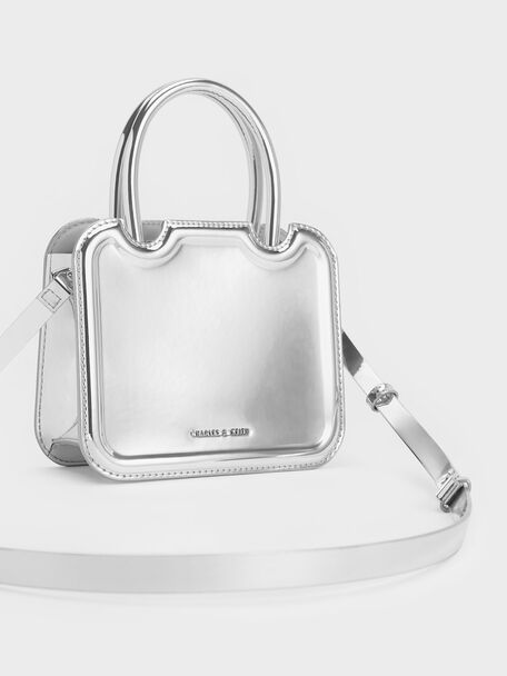 Perline Metallic Sculptural Top Handle Bag, Silver, hi-res