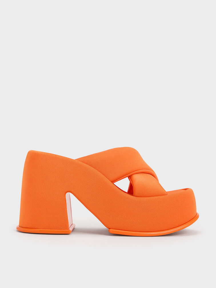 Toni Puffy-Strap Crossover Platform Mules, Orange, hi-res