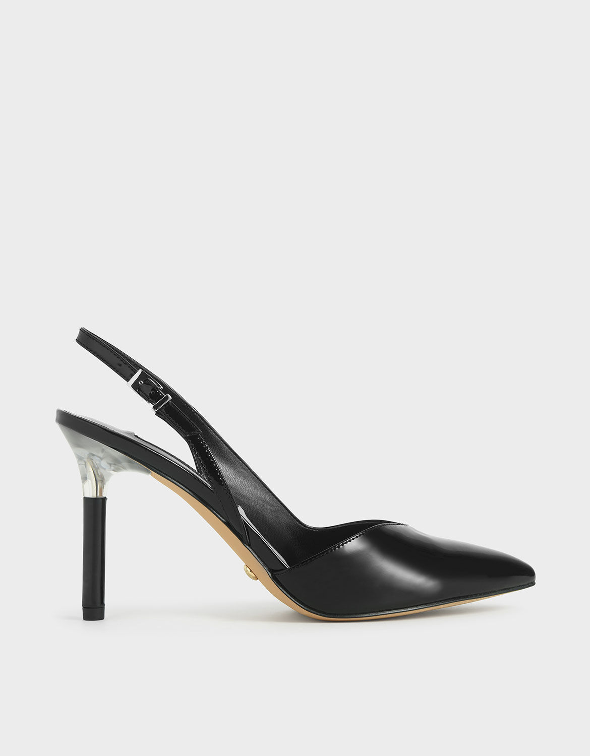 black patent leather slingback pumps