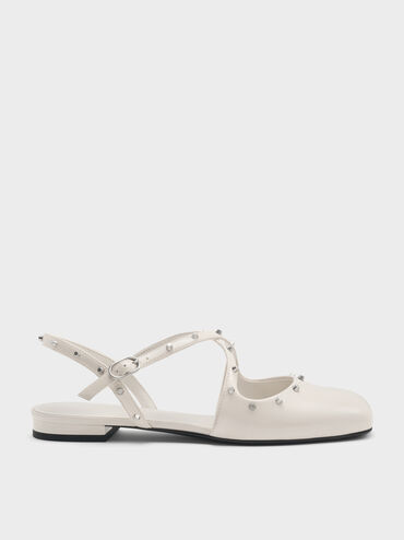 Studded Crossover Slingback Flats, Beige, hi-res