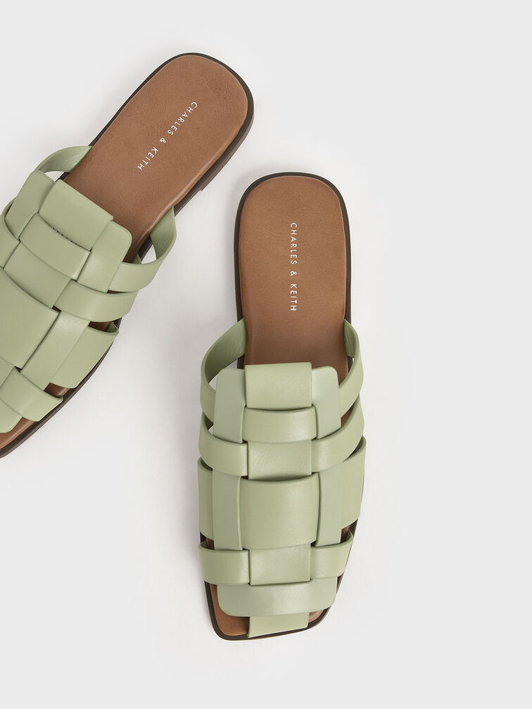 Woven Flat Mules, Sage Green, hi-res