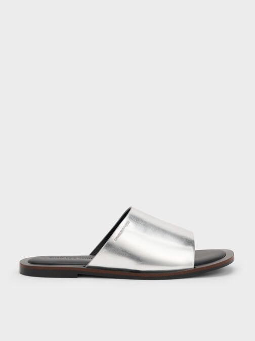 Metallic Wide-Strap Slide Sandals, Silver, hi-res