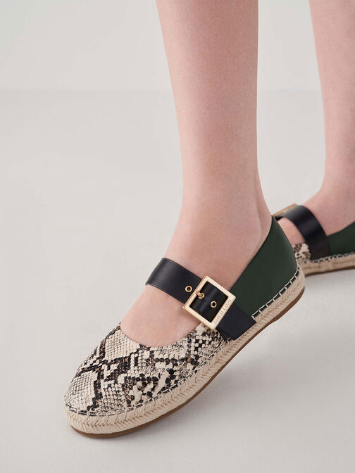 Snake-Print Buckled Espadrille Flats, Animal Print Natural, hi-res