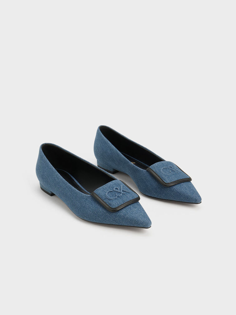 Leather & Denim Pointed-Toe Flats, Blue, hi-res