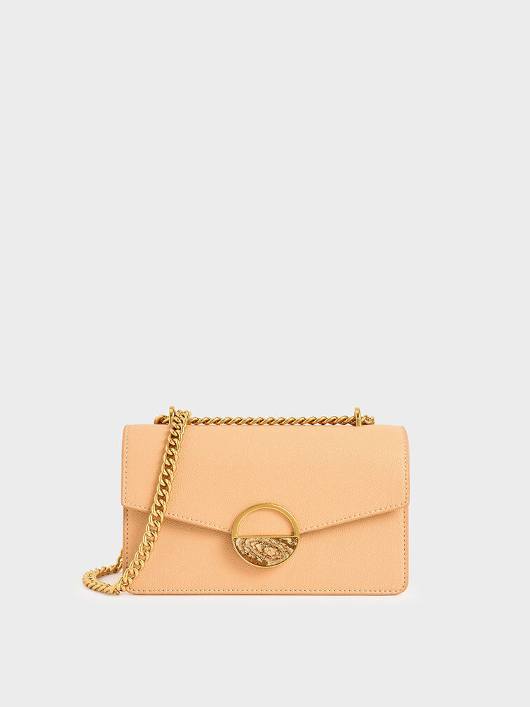 Stone Embellished-Buckle Shoulder Bag, Nude, hi-res