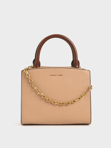 Chain-Link Top Handle Bag, Beige, hi-res