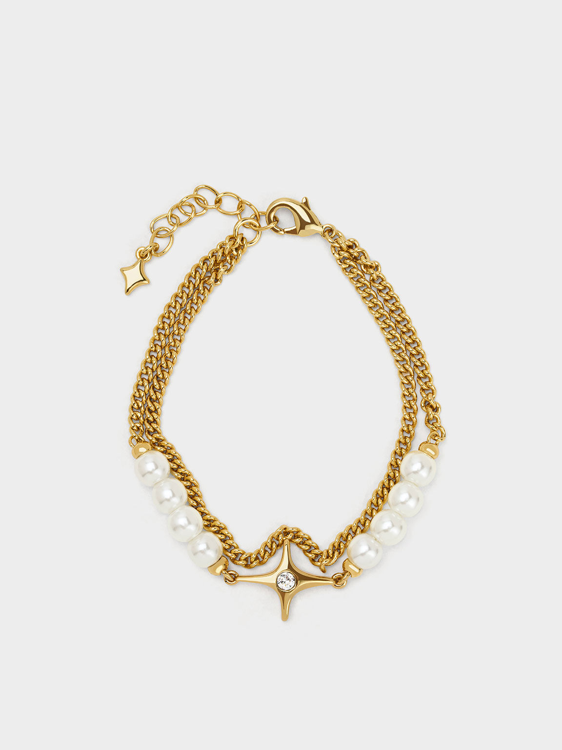 Star & Pearls Double Chain-Link Bracelet, Gold, hi-res
