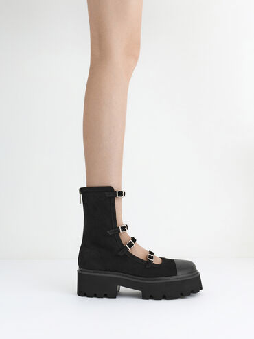 Botas Celia gruesas de antelina de caña media a la pantorrilla con múltiples tiras con hebilla, Negro texturizado, hi-res
