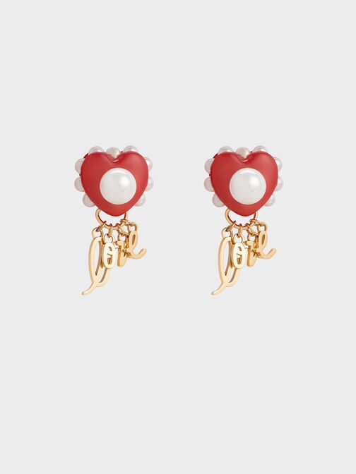 "Love" Heart Drop Earrings, Red, hi-res