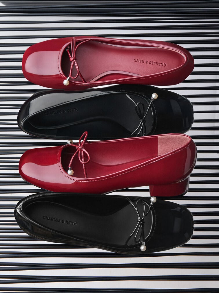 Barbara Patent Pearl-Bow Ballet Pumps, Black Patent, hi-res