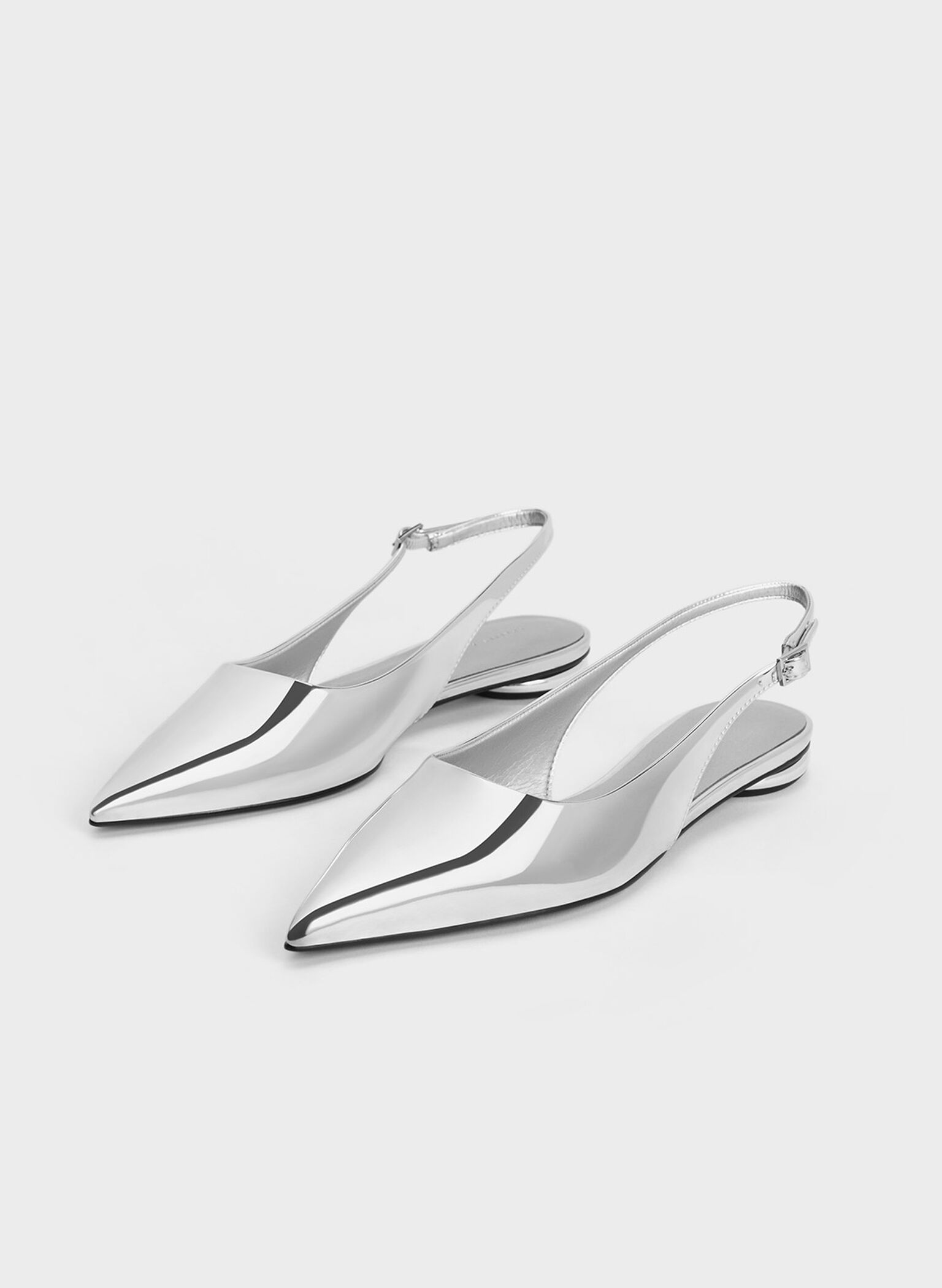 Silver Metallic Pointed-Toe Slingback Flats - CHARLES & KEITH SG