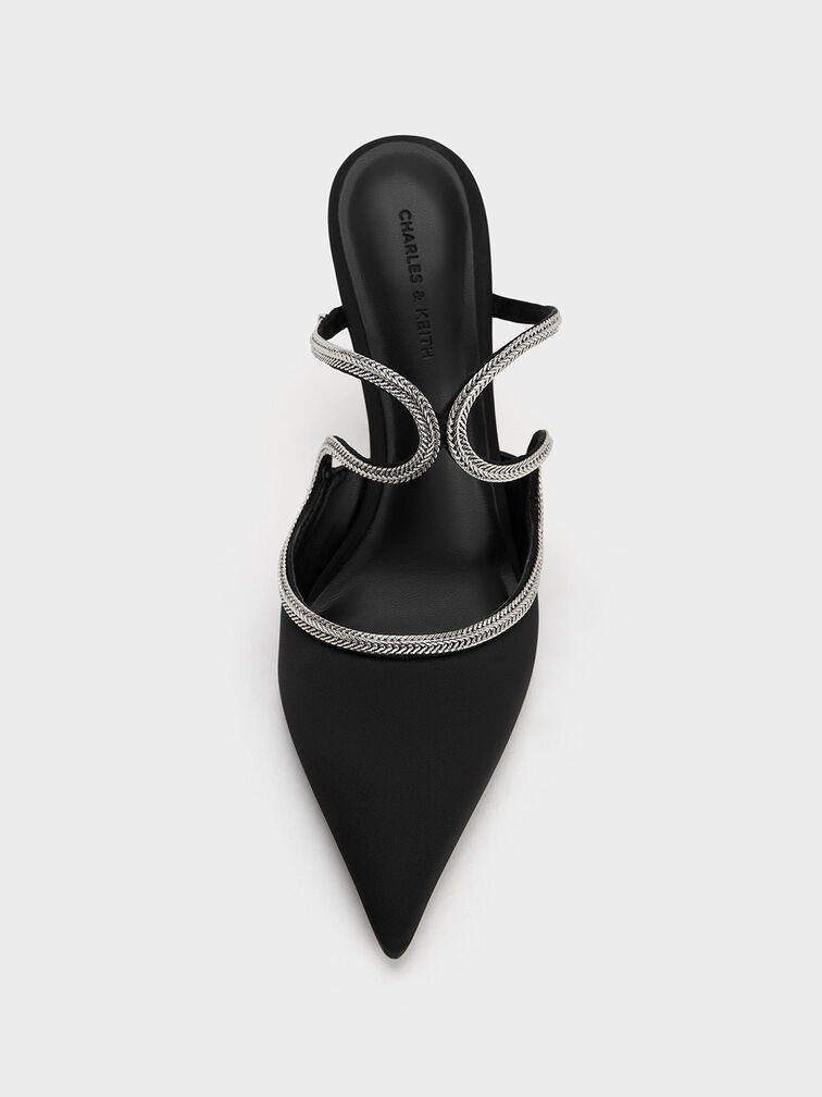 Satin Braided-Strap Stiletto-Heel Mules, Black Textured, hi-res