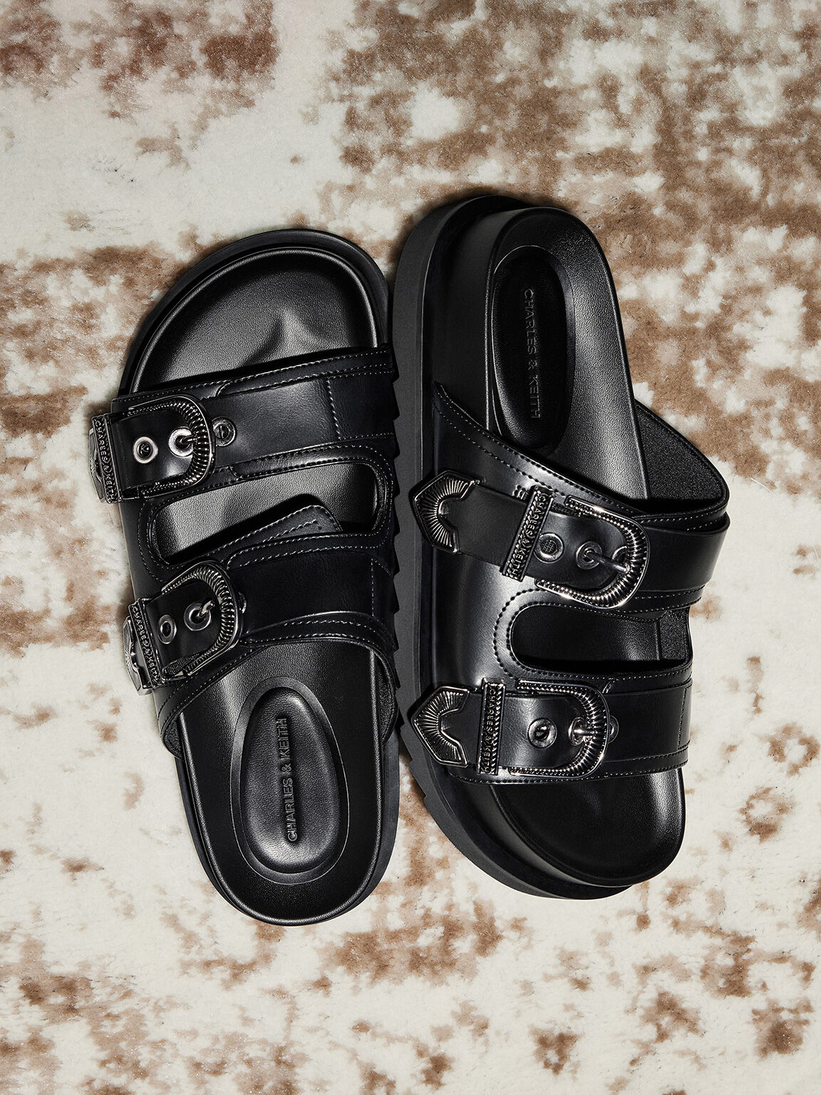Two strap slide sandals black top