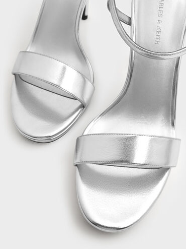 Metallic Ankle-Strap Stiletto Sandals, Silver, hi-res