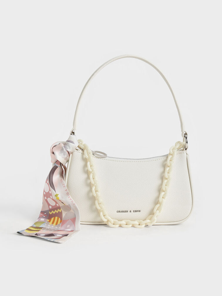 Cream Leather-Look Quilted Chain Strap Shoulder Bag