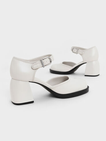 Block-Heel Ankle-Strap D'Orsay Pumps, White, hi-res