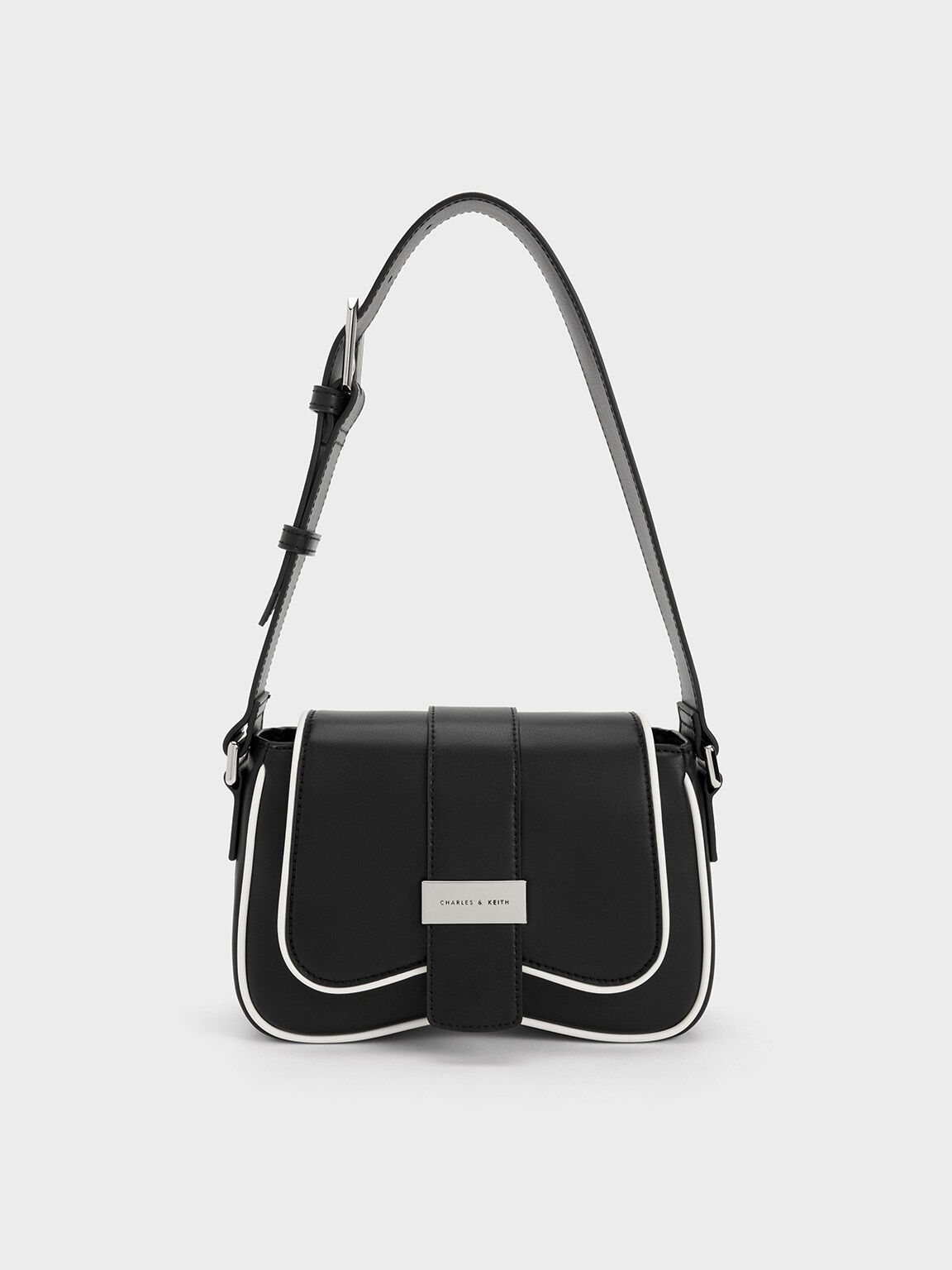 Belted Curved Shoulder Bag, Black, hi-res