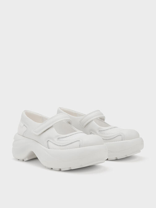 Mesh Curved Platform Mary Janes, White, hi-res