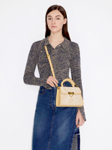 Floral Illustrated Trapeze Bag, Beige, hi-res