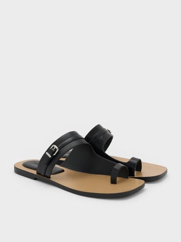 Buckled Toe-Ring Sandals, Black, hi-res