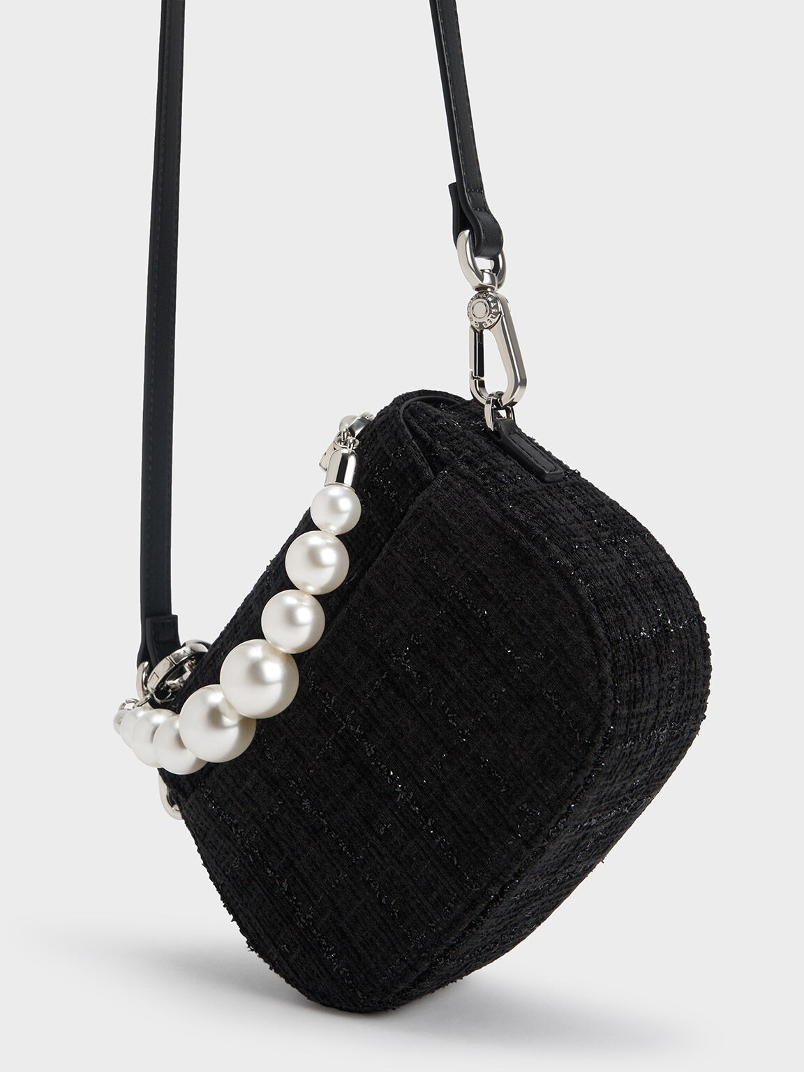 Bunny Tweed Beaded Handle Bag, Black, hi-res