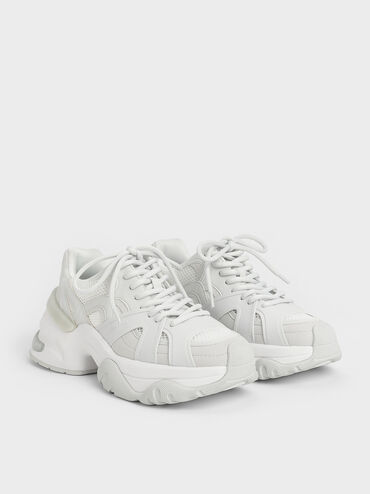 Mesh Contrast-Trim Chunky Sneakers, White, hi-res