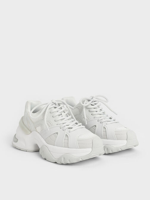 Mesh Contrast-Trim Chunky Sneakers, White, hi-res
