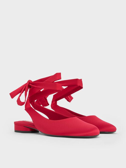 Satin Tie-Around Ballet Flats, Red, hi-res