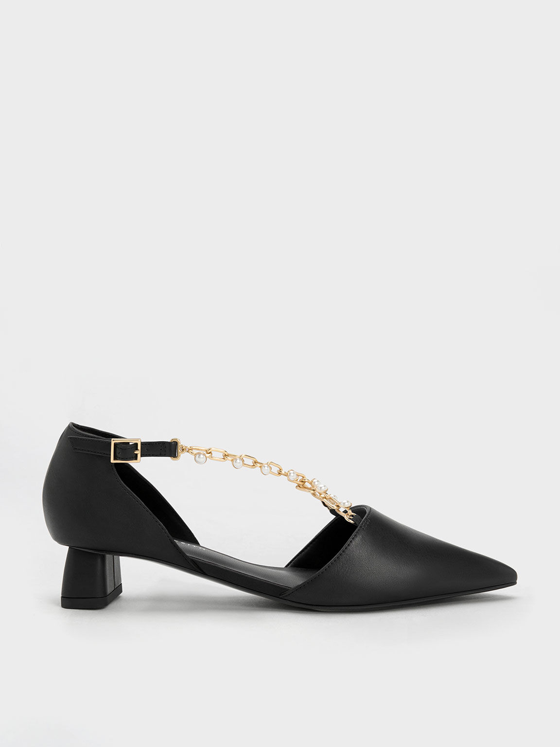 Beaded Metallic-Chain D'Orsay Pumps, Black, hi-res