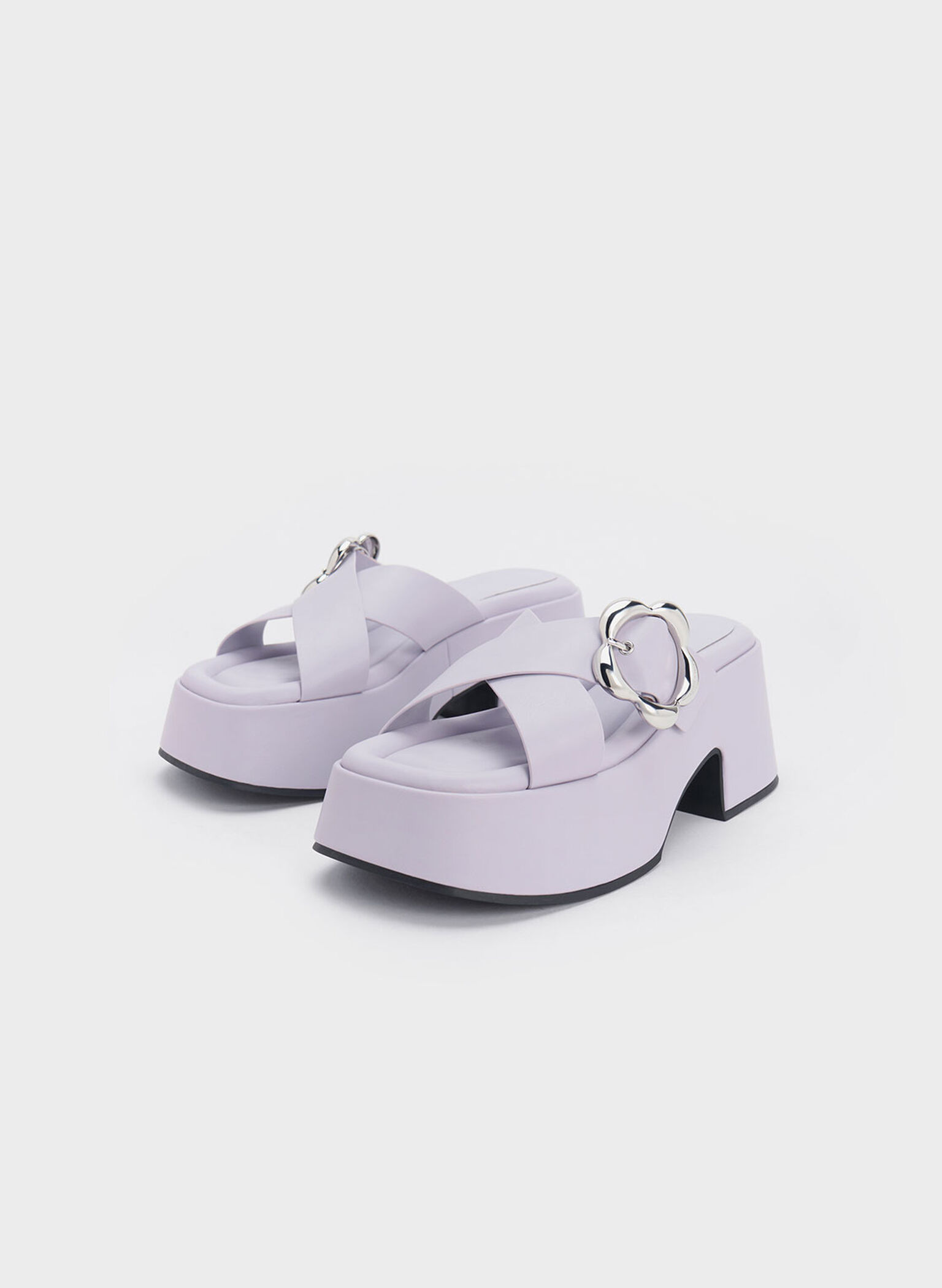 Flower-Buckle Crossover Platform Mules, Lilac, hi-res