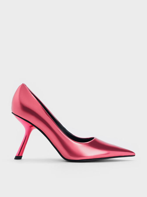 Metallic Slant-Heel Pointed-Toe Pumps, Fuchsia, hi-res