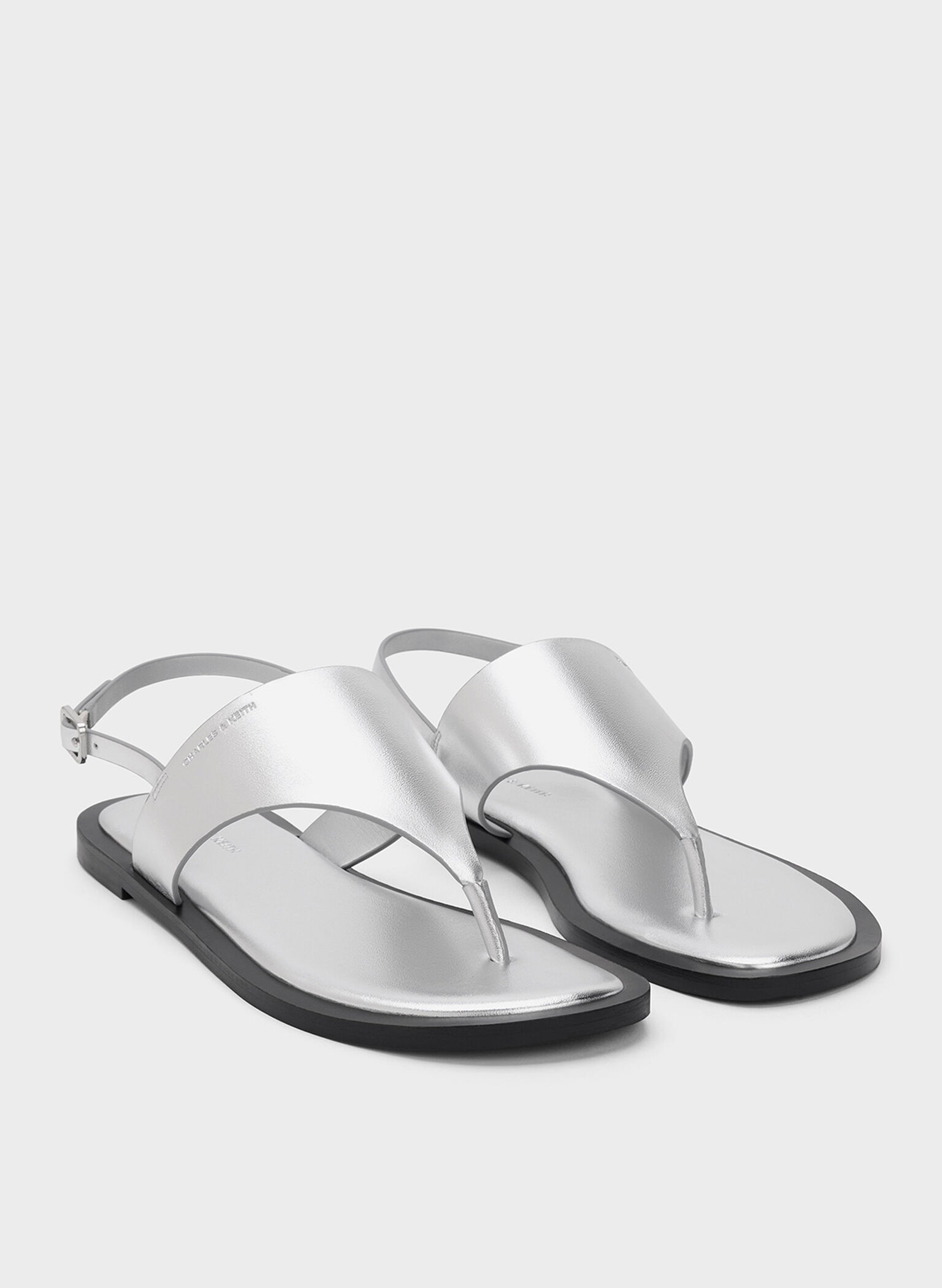 Metallic V-Strap Slingback Thong Sandals, Silver, hi-res