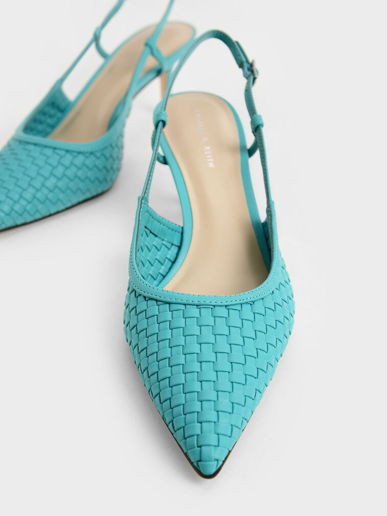 Woven Slingback Pumps, Turquoise, hi-res