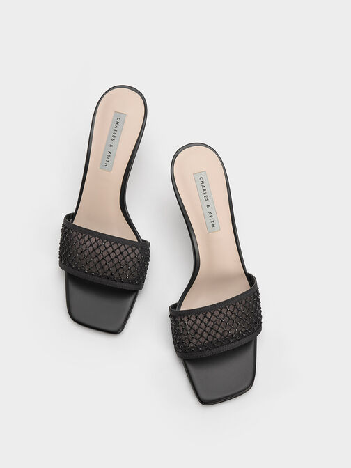 Gem-Encrusted Cylindrical Heel Mesh Sandals, Black, hi-res