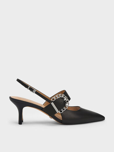 Chain-Buckled Leather Slingback Pumps, Black, hi-res