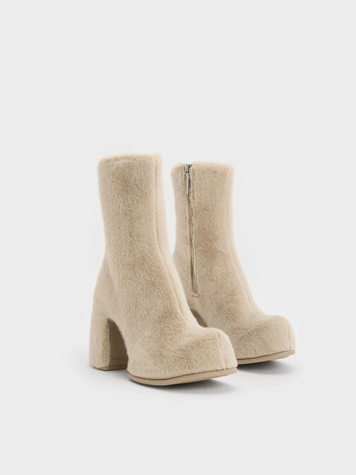 Pixie Furry Platform Ankle Boots, Beige, hi-res