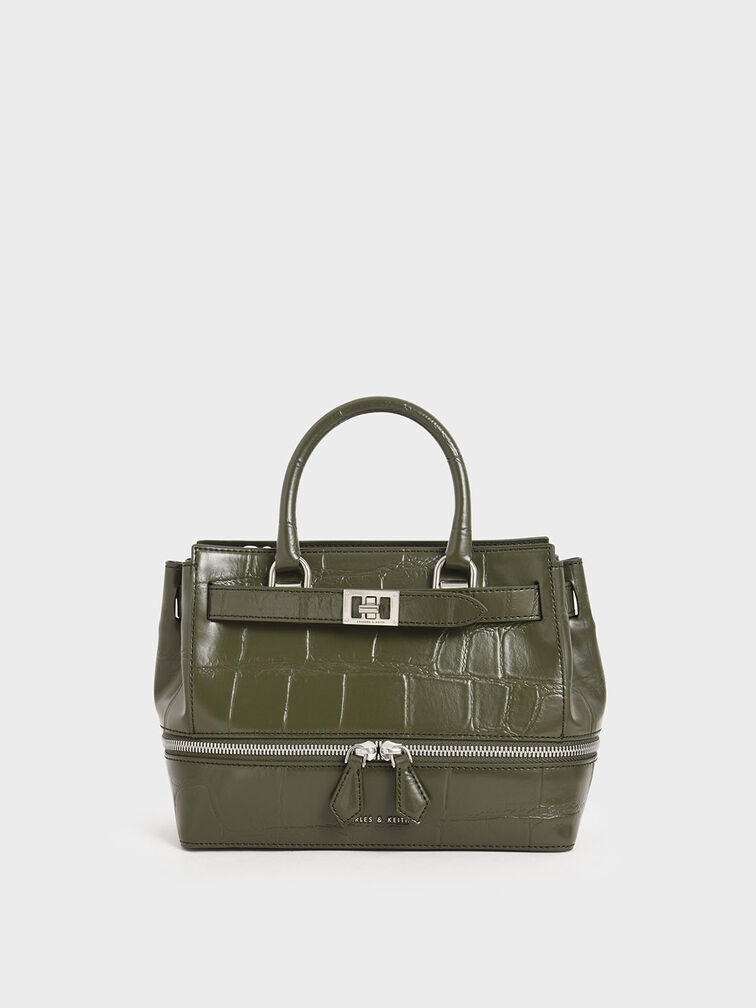 Croc-Effect Two-Way Zip Tote, Olive, hi-res