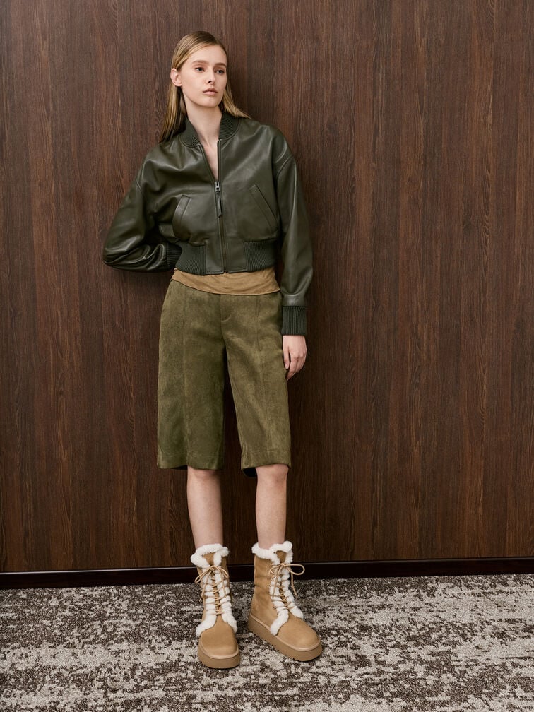 Faux Suede & Faux Fur Foldover Flatform Boots, Sand, hi-res