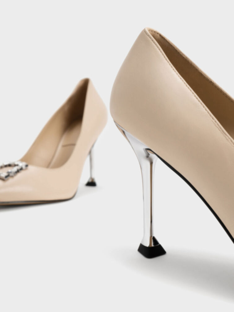 Leather Gem-Embellished Pumps, Nude, hi-res