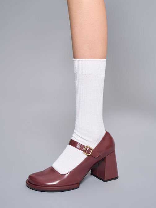 Tubular Mary Jane Pumps, Maroon, hi-res